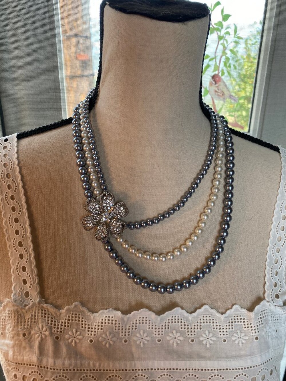 Multi-strand White and Grey Faux Pearl Necklace with Large Floral Rhinestone